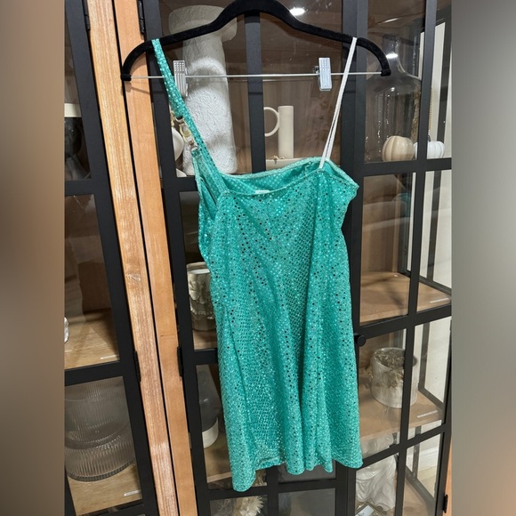 Vintage Y2K Turquoise Sequin One Shoulder Mini Dress Mona V Party 1990s - Picture 3 of 8